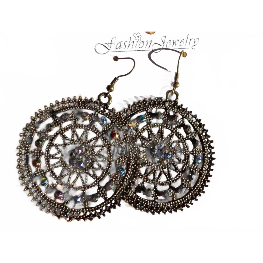 Gorgeous statement earrings Round Filigree Metal Earrings with‎ Blue Accents
